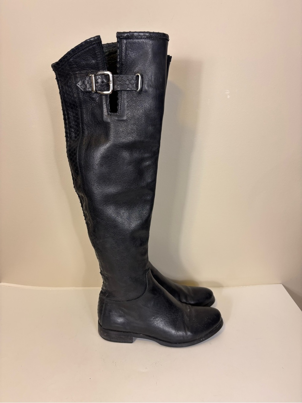 Ron White Women's Over-the-Knee Black Leather Riding Boots with Snakeskin Back 7